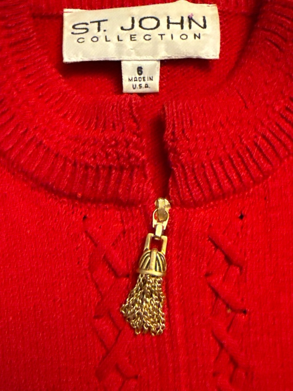 St. John Collection Red Crewneck Sweater with Gold Tassel Zip size 6